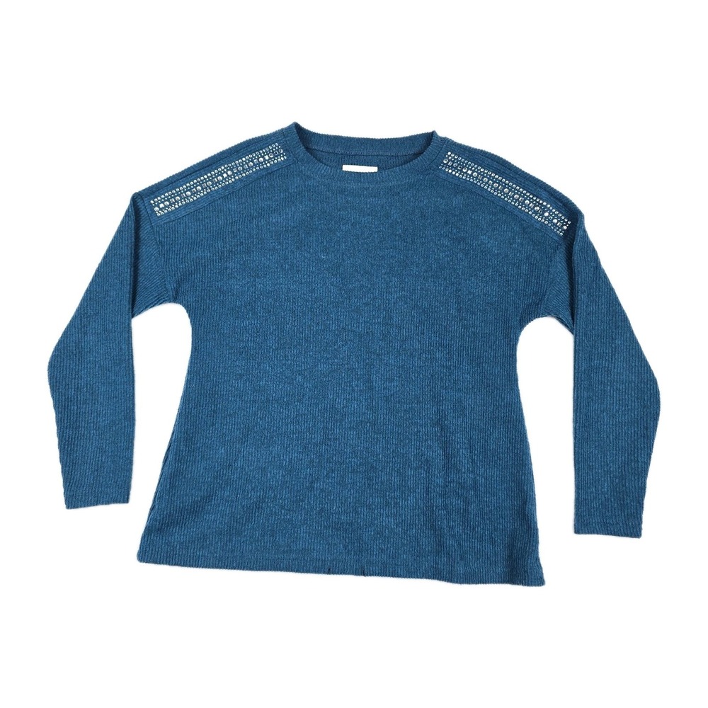 New York Laundry Womens Blue Rhinestone Embellished Ribbed Knit Sweater Small